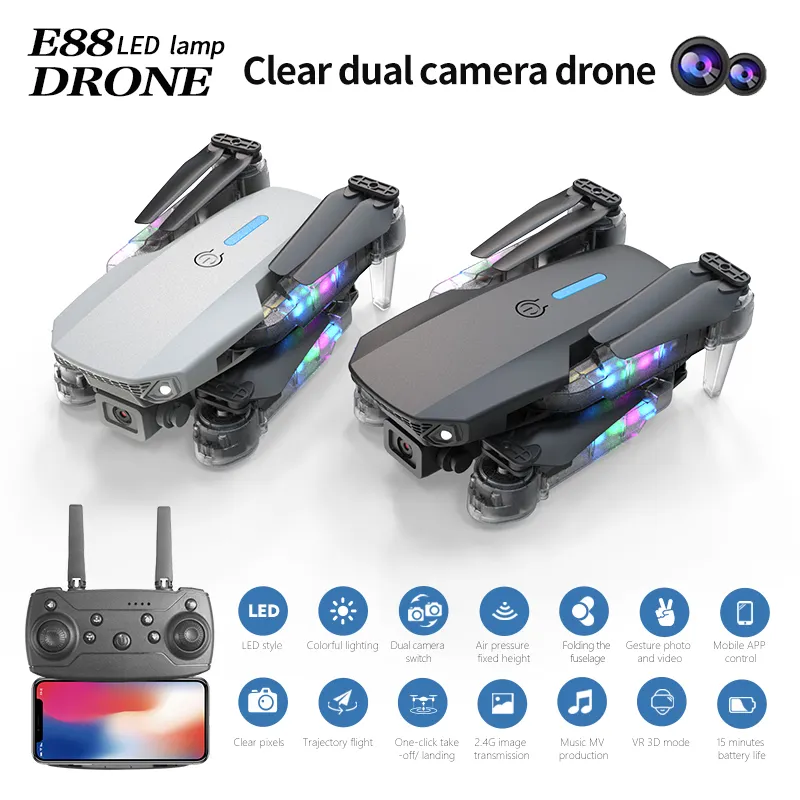 Hot E88 Drone 4K HD Camera LED Light Long Range for 10 Minutes 360 Roll Four Axis Aircraft Beginner Practice Drone RC Toy