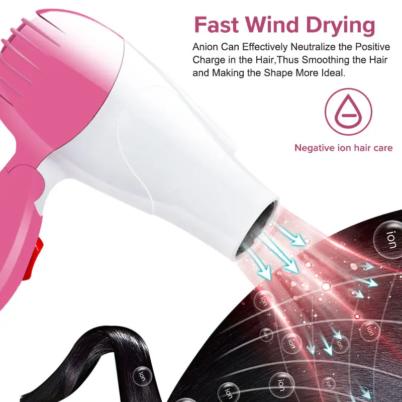 Professional Hot Air Negative Ion Hair Care Quick Drying Concentrated Air Nozzle Folding Hair Dryer For Home