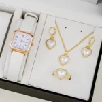 NJC 4pcs/set White Gold Watch Set Heart Shape Ring Necklace Bracelet Earring Luxury Explosive Personality Watch