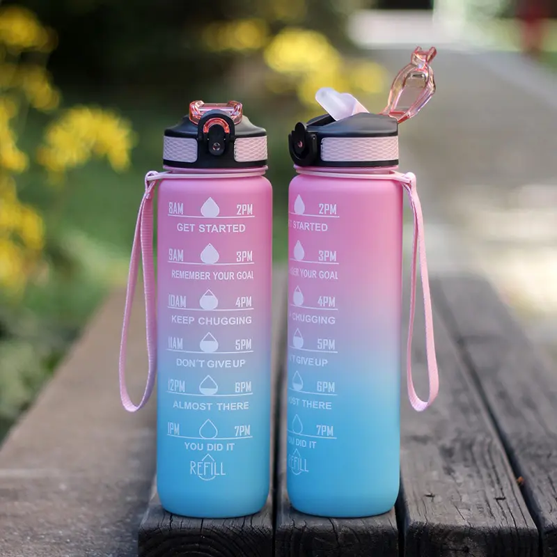 1L Leakproof Tritan BPA Free Sports Motivational Plastic Water Bottle With Time Marker