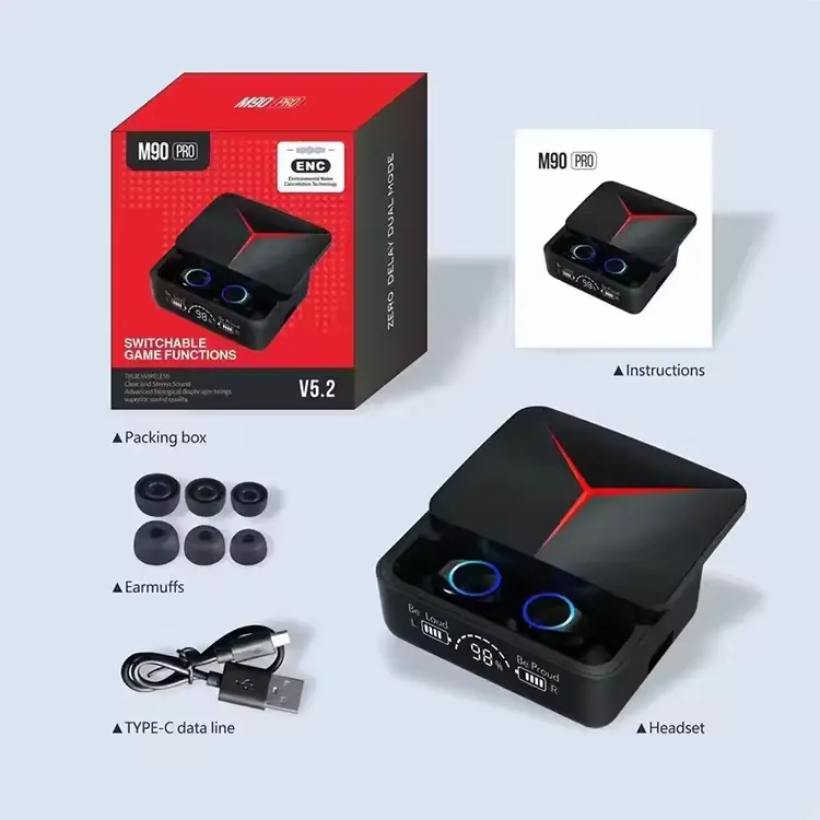 High Quality M90 pro TWS BT Earphones True Wireless Earbuds Noise Cancelling LED Display Gaming Headset Stereo Earbuds M90