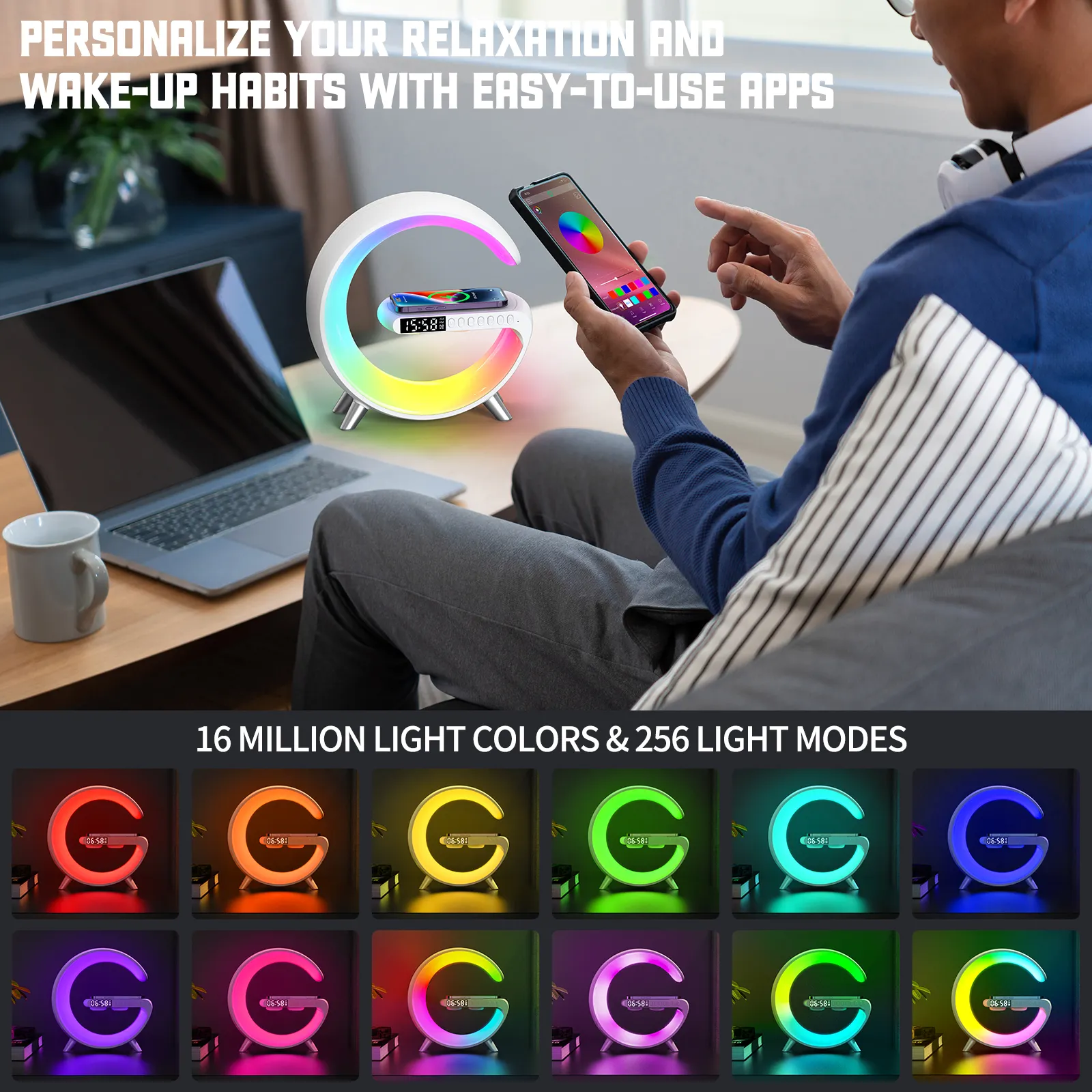 5-in-1 Home Theatre Device APP-Controlled Smart Light 15W Fast Wireless Charger Clock Time with Wireless speakers