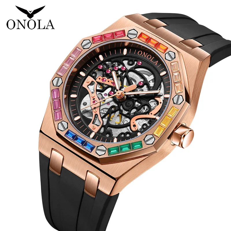 ONOLA Brand NEW Customized Logo Mechanical Watches Diamond Watch Men Automatic Skeleton Wristwatch