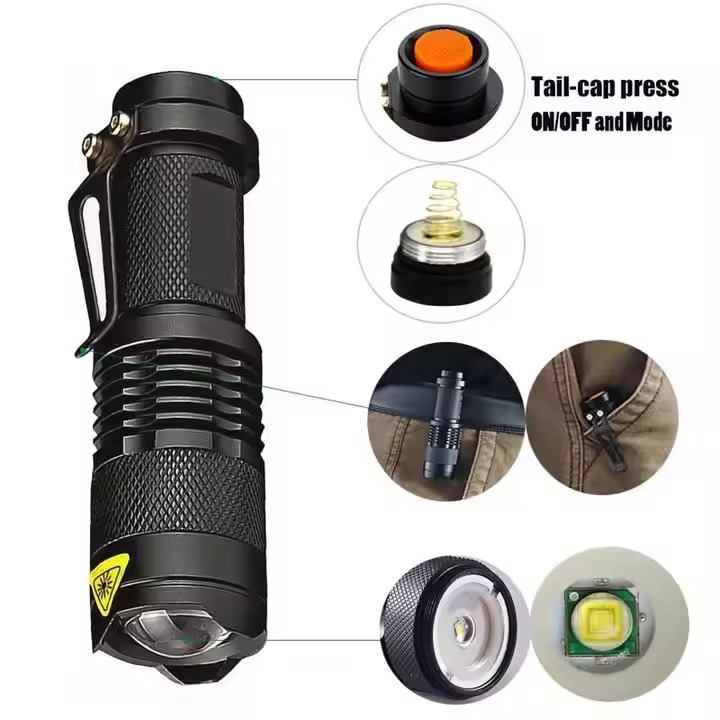 Mini LED Zoom Flashlight Pocket Pussy Tactical Torch with Clip