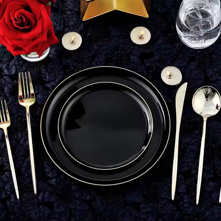 Disposable plastic black round dinnerware set with cutlery