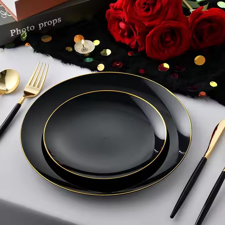 Disposable plastic black round dinnerware set with cutlery