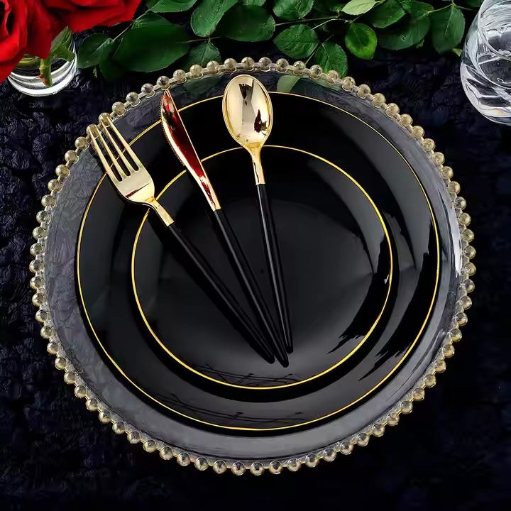 Disposable plastic black round dinnerware set with cutlery