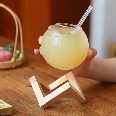 Moon Round Ball Glass Juice Cup With Holder and Straw