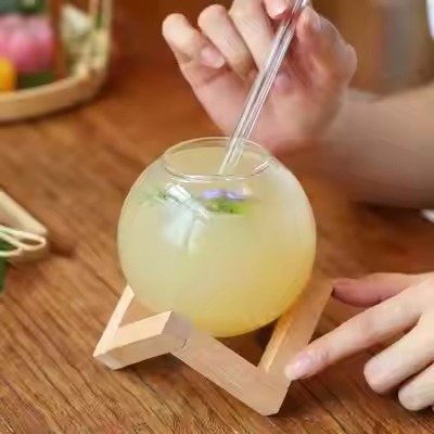 Moon Round Ball Glass Juice Cup With Holder and Straw