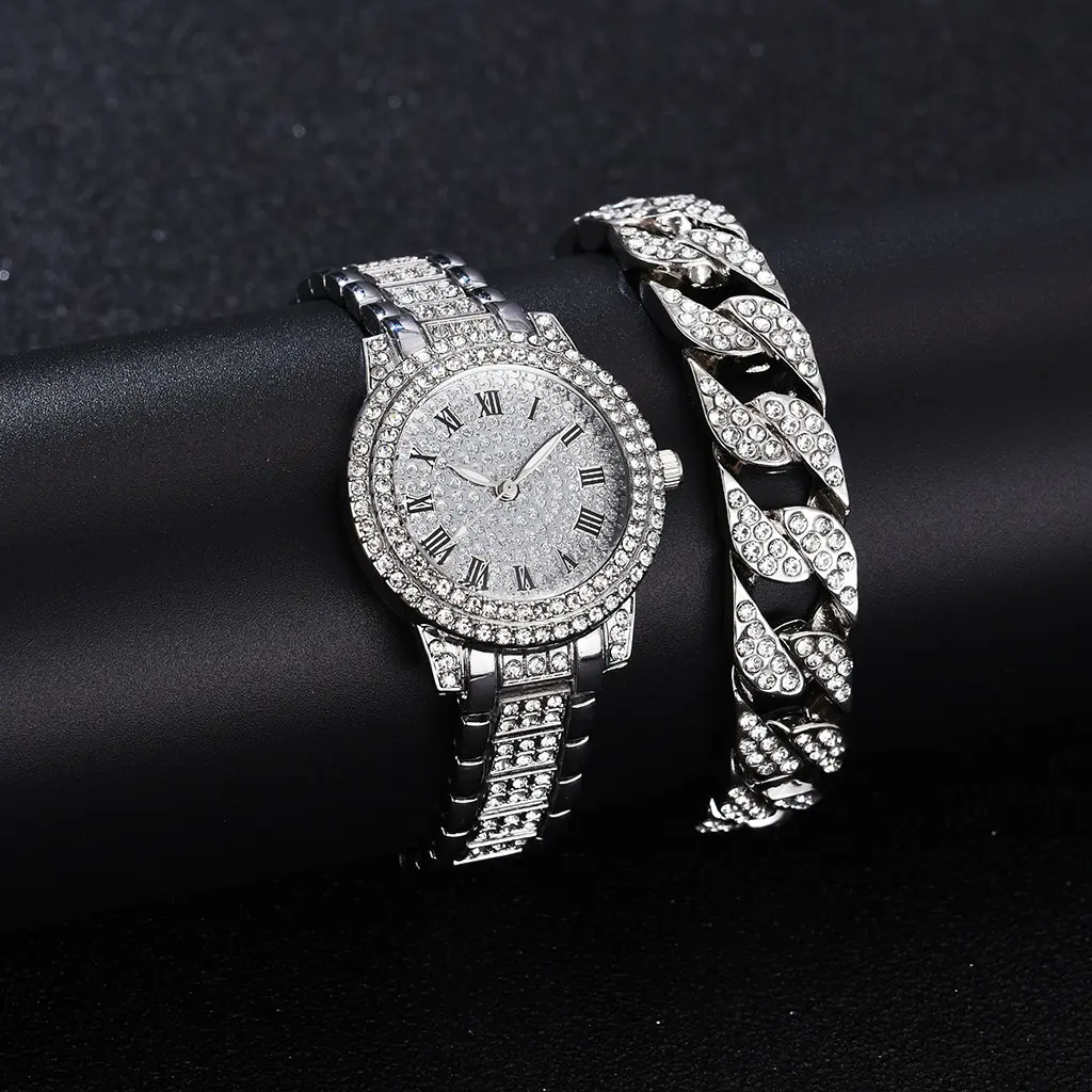 Luxury Full Crystal Watches Bracelet Set Men Women Fashion Gold Steel Belt Wrist Watch