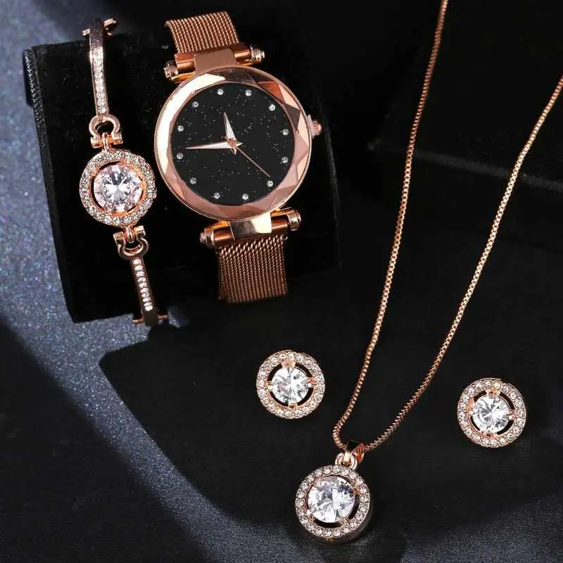 Luxury Women Watches Crystal Bracelet Stud Earring Necklace Set Ladies Watch Casual Quartz Wristwatch Set