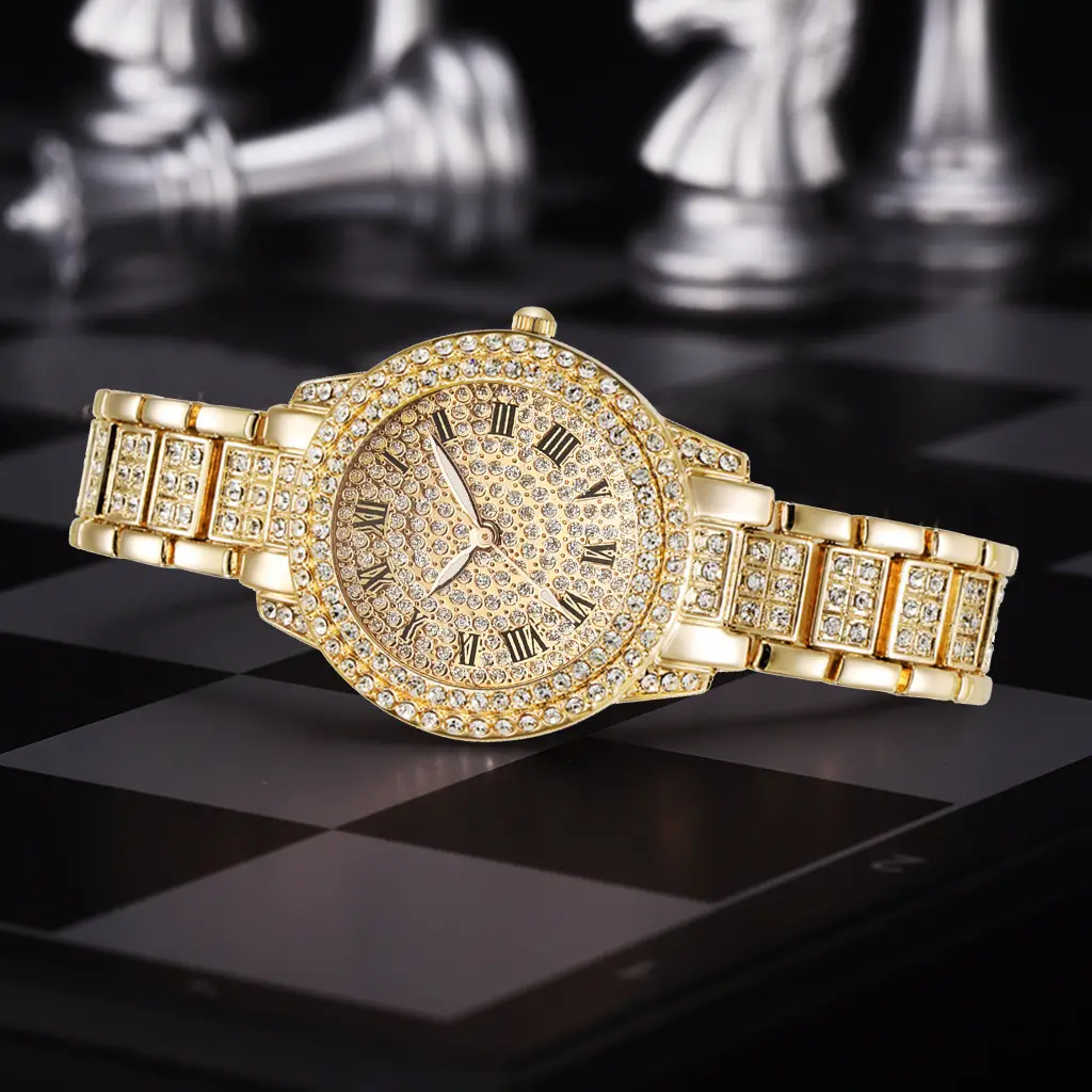 Luxury Full Crystal Watches Bracelet Set Men Women Fashion Gold Steel Belt Wrist Watch