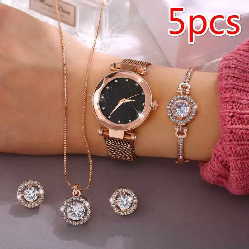 Luxury Women Watches Crystal Bracelet Stud Earring Necklace Set Ladies Watch Casual Quartz Wristwatch Set