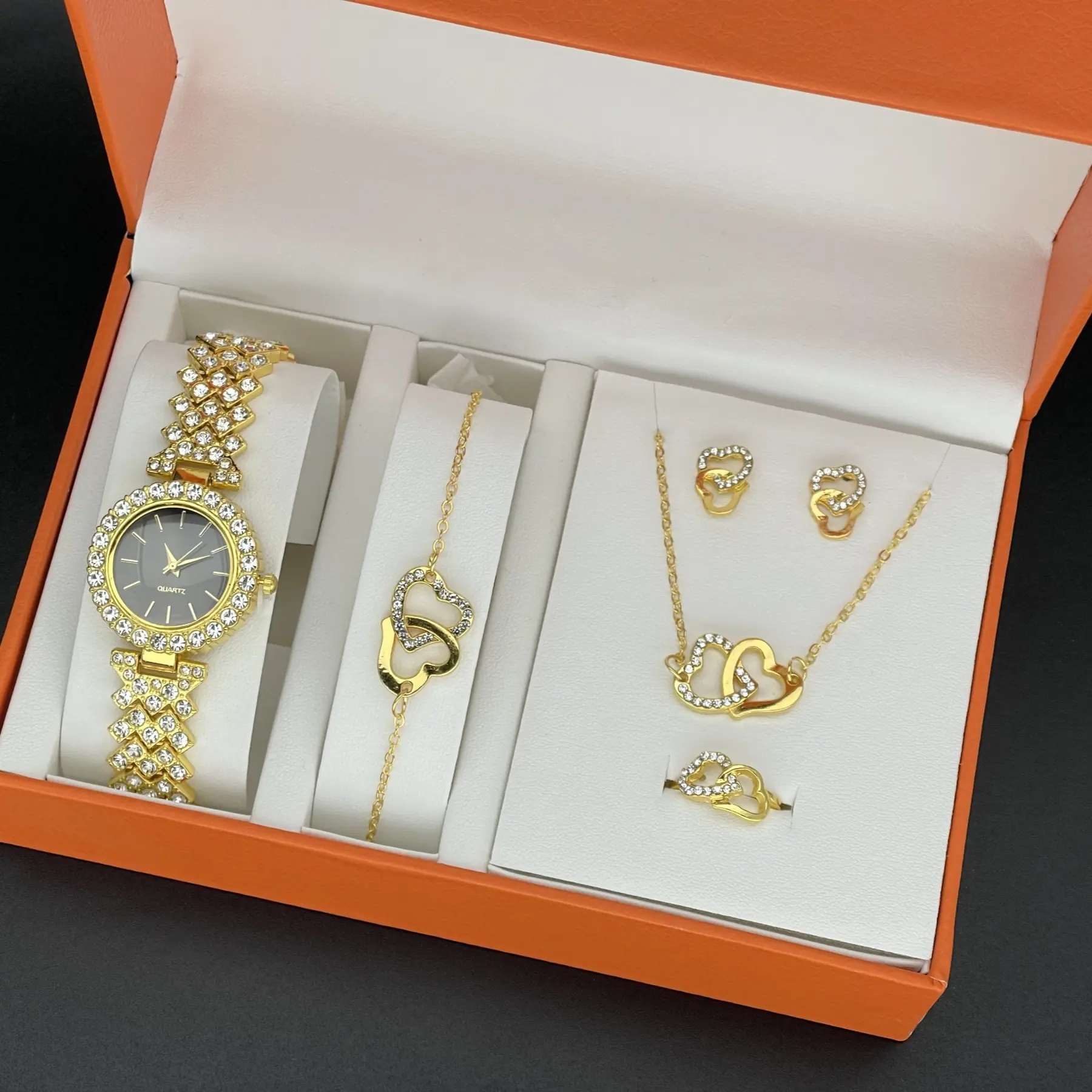 WGS-69 6PCS Set Luxury Watch Women Ring Necklace Earring Rhinestone Wristwatch Casual Ladies Bracelet Watches Reloj