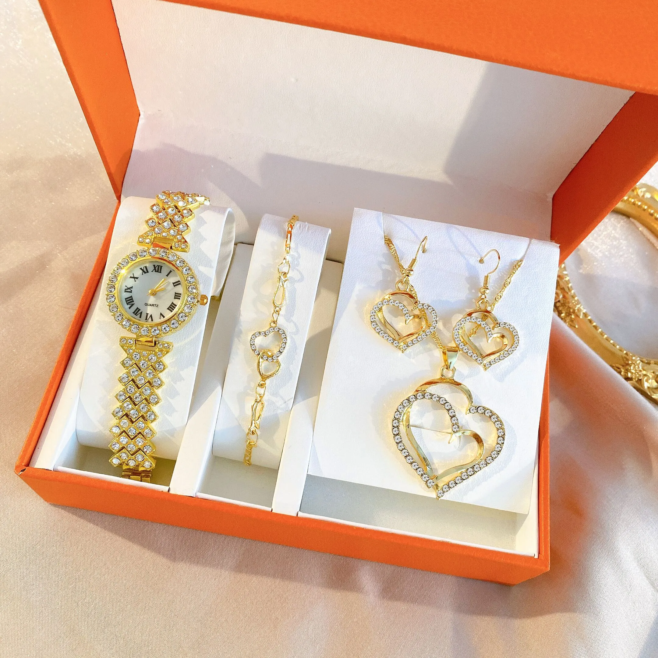 Fashion Gold Silver Quartz Watch Set Zircon Crystal Round Heart Necklace Earring Bracelet Set for Women Jewelry Set