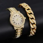 Luxury Full Crystal Watches Bracelet Set Men Women Fashion Gold Steel Belt Wrist Watch