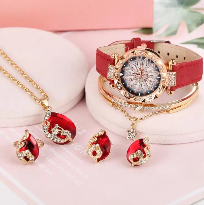 Watch Set Colorful Drop Pendants Earrings Bangle Jewelry Set for Women