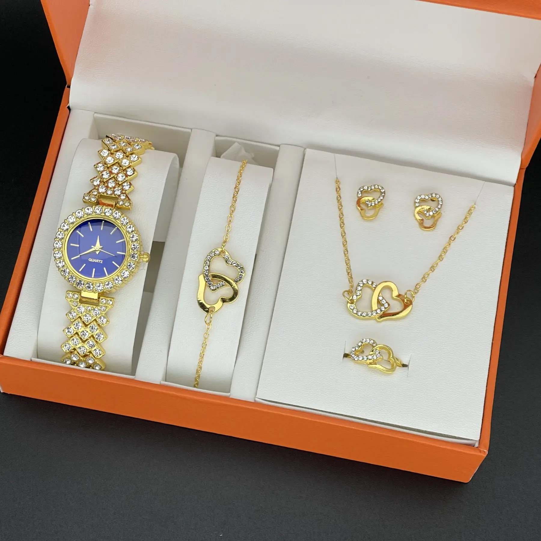 WGS-69 6PCS Set Luxury Watch Women Ring Necklace Earring Rhinestone Wristwatch Casual Ladies Bracelet Watches Reloj