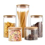 Glass Set of 6 Clear Food Storage Container with Bamboo Lid Air-Tight Kitchen Pantry Storage Jar