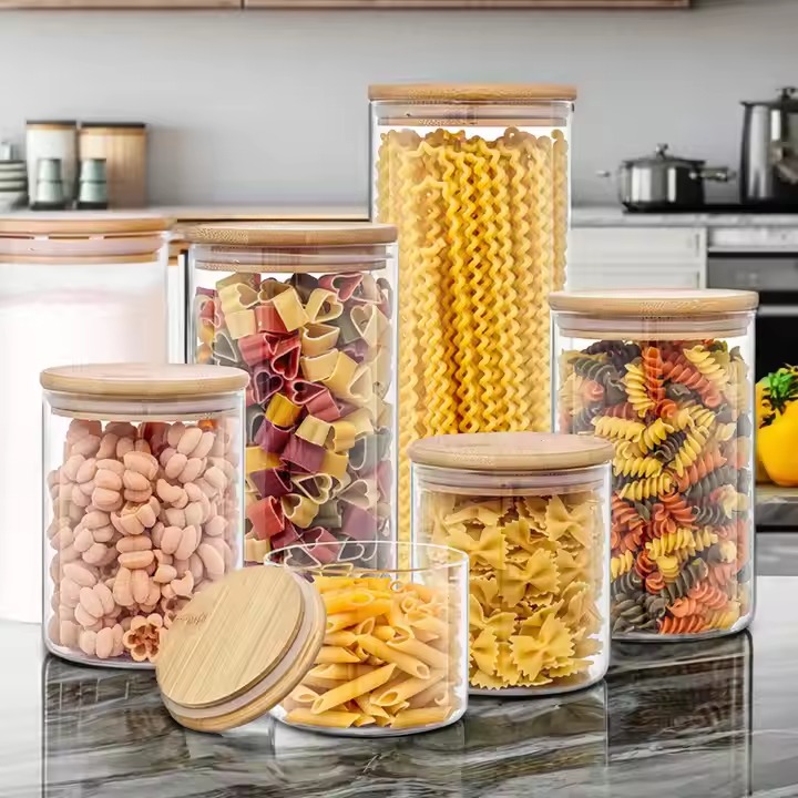 Glass Set of 6 Clear Food Storage Container with Bamboo Lid Air-Tight Kitchen Pantry Storage Jar